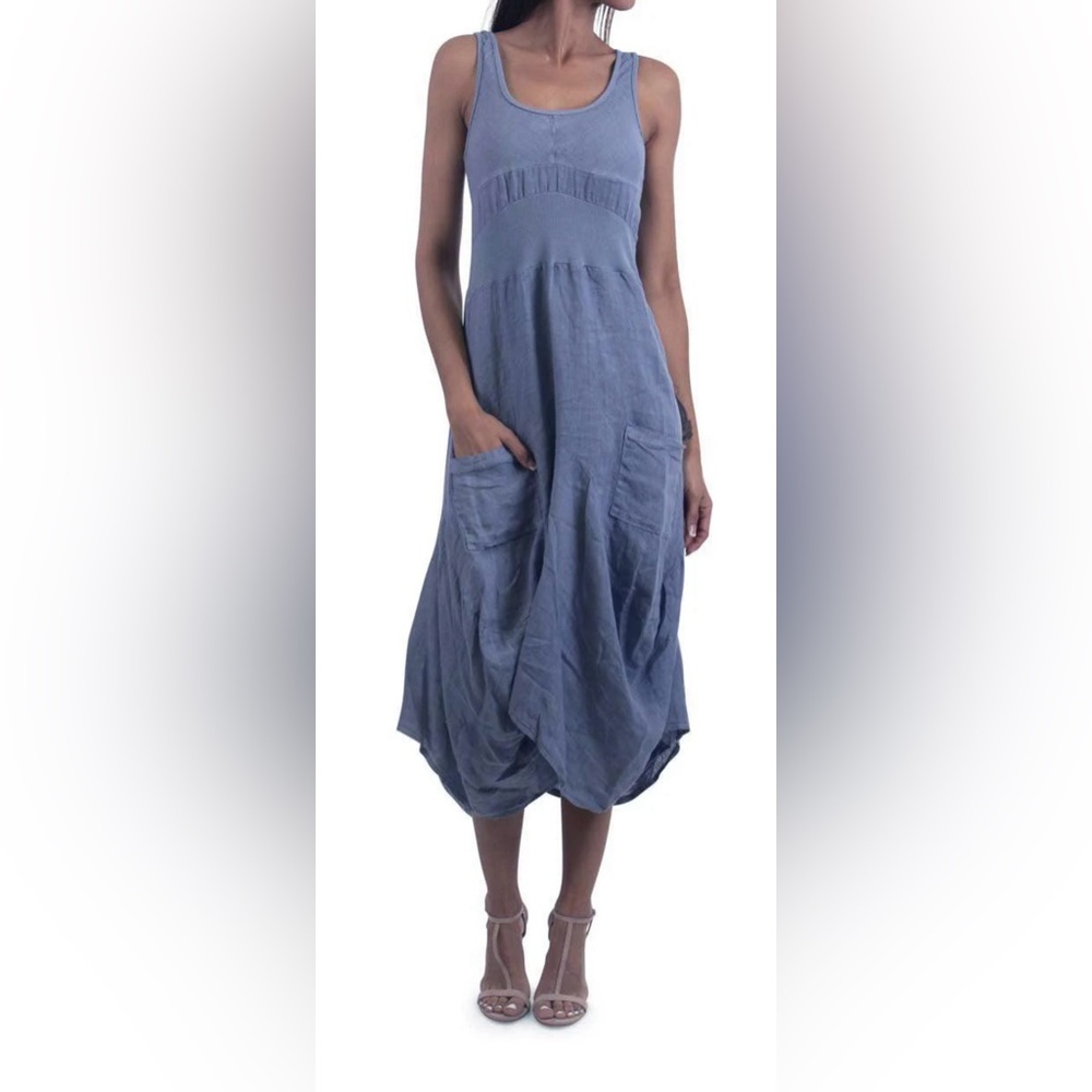 Free Spirit L’affaire Sculptural Balloon Hem Dress Denim Color Cotton & Linen